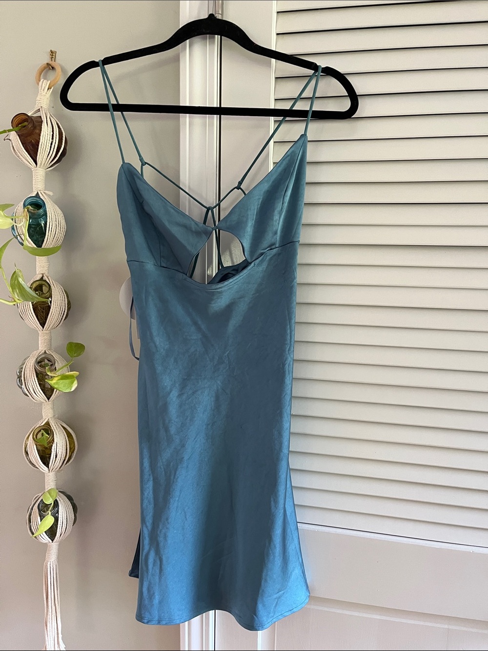 Urban Outfitters Satin Teal Slip Dress with Strappy Back Detail